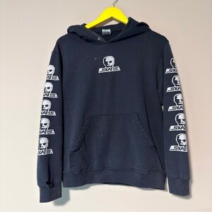 Vintage skull skates black graphic print hoodie faded distressed size small